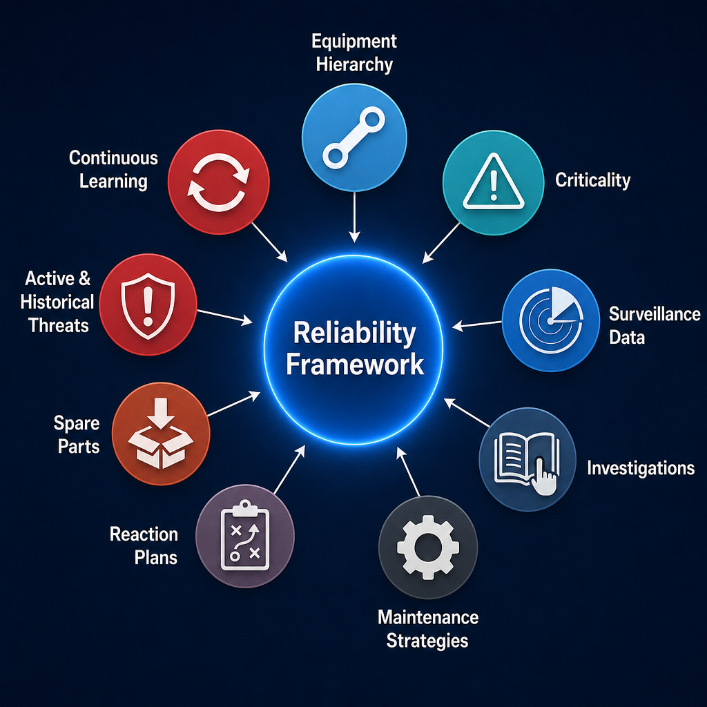 Reliability framework connecting hierarchy, criticality, surveillance, investigations, strategies, reaction plans, spares, threats, and learning
